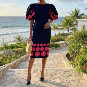 #A103  For Her NYC Black Vintage  Fuchsia Polka Dot Puff Sleeve Dress NWT M